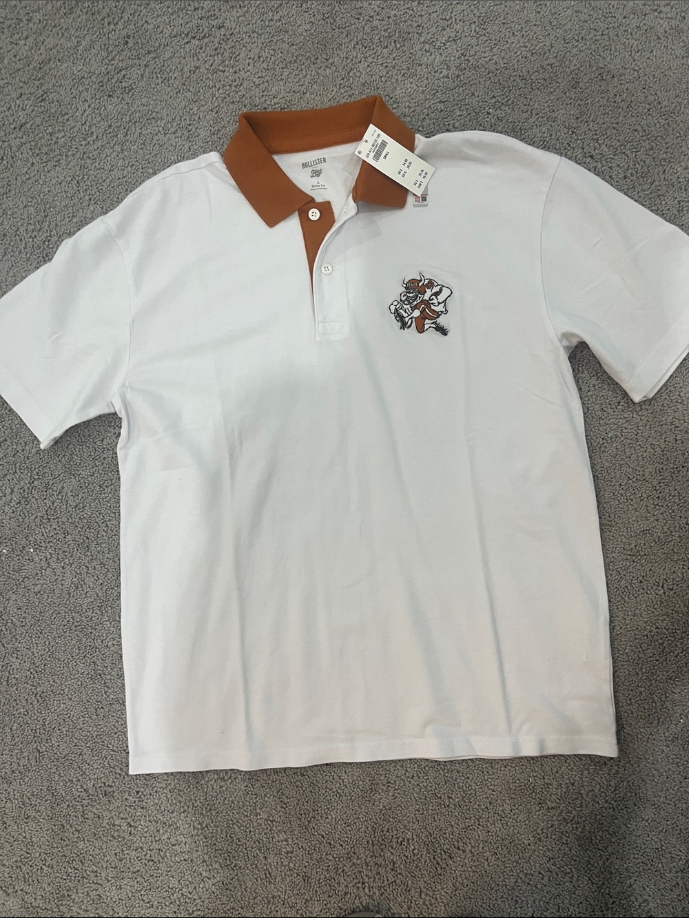Hollister Texas Longhorns White Polo with Contrast Collar and Embroidered Graphi